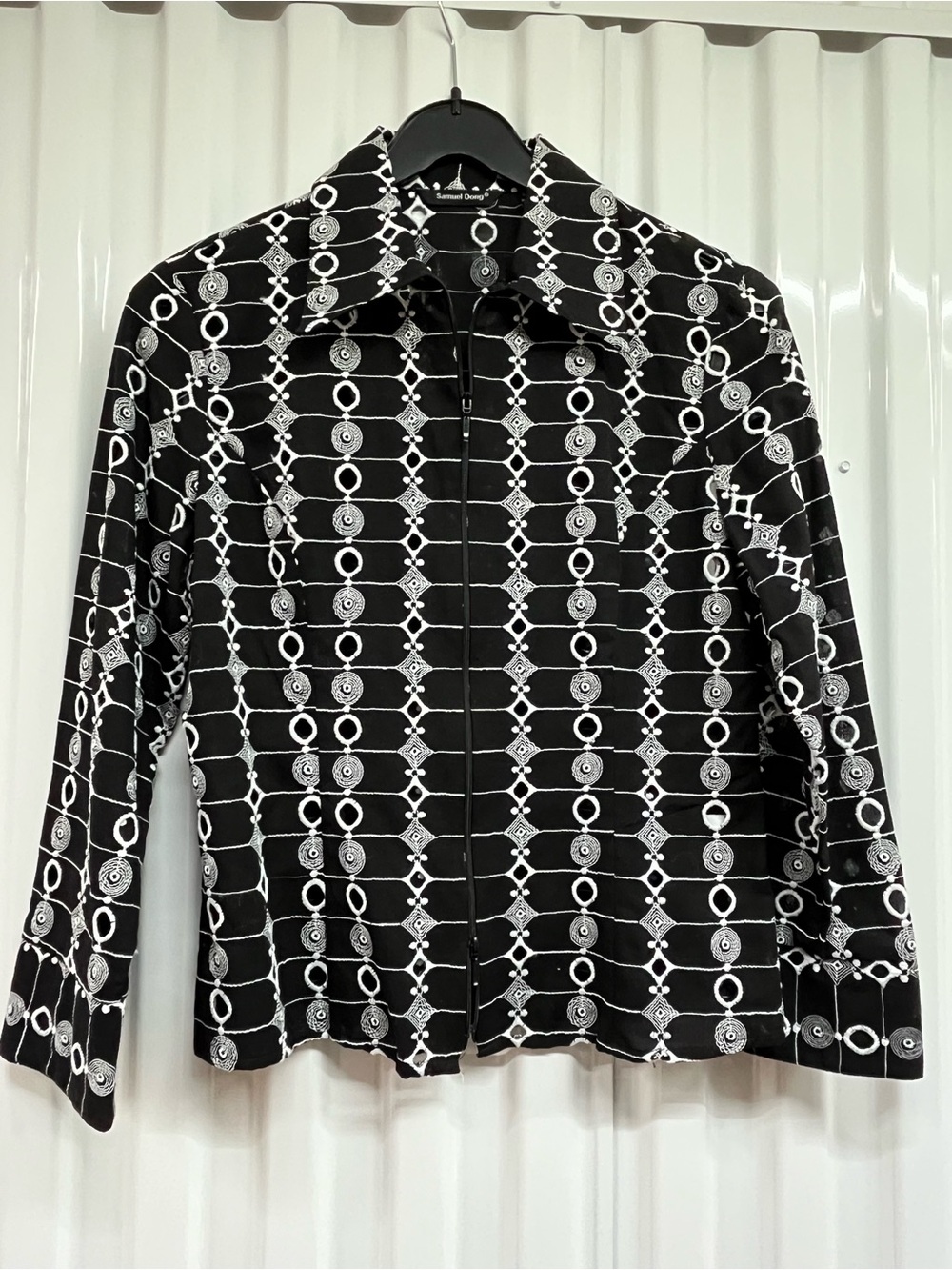 Samuel Dong Black Button-Front Shirt with White Geometric Print